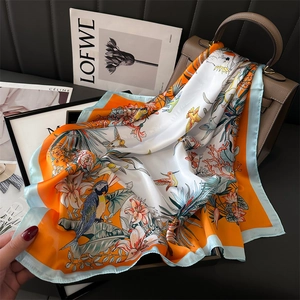 Elegant Women Square Scarf Tropical Bird Hummingbird Lily Floral Print Polyester Synthetic Satin Feeling Head Neck Wrap