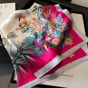 70cm elegant silk scarf featuring tropical birds and leaf floral pattern in vibrant colors