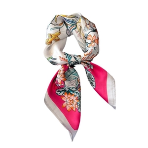 70cm square silk scarf with leaves, hummingbirds and floral print in vibrant pink and gold