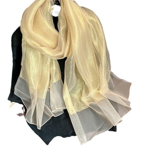 Champagne gold shimmering sheer shawl wrap in lightweight tulle for formal evening wear