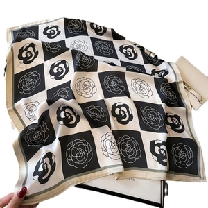 Elegant black and white camellia checkered silk square scarf for professional OL outfits