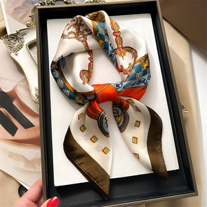 Elegant chain print satin square scarf with vintage court motifs and gold accents