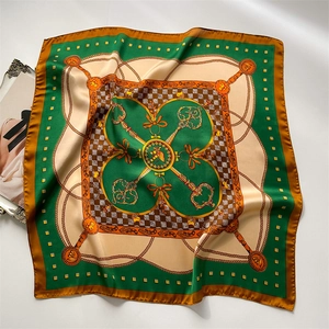 Green silk square scarf featuring vintage golden key chains and checkered patterns