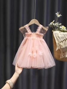 Abito da principessa in tulle rosa per bambine con fiori 3D e spalline ad ali di farfalla