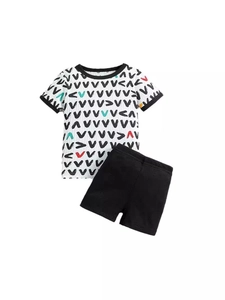 Infant boys summer two-piece outfit with printed white t-shirt and black ribbed shorts