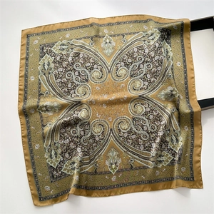 Vintage paisley and floral silk-feel square scarf with rich gold and olive green tones
