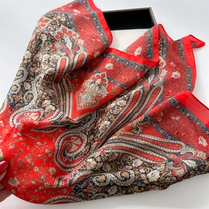 Vintage red paisley and daisy print silk-like square scarf with elegant folds