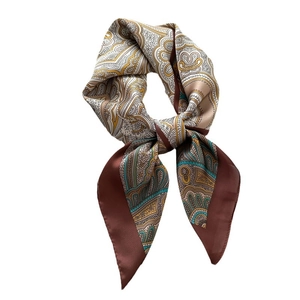 Retro geometric paisley silk-like square scarf in bohemian brown and yellow tones