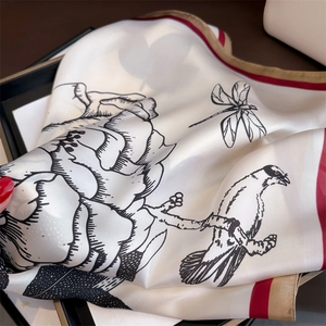 French floral silk square scarf with hand-drawn peony and bird patterns on cream fabric