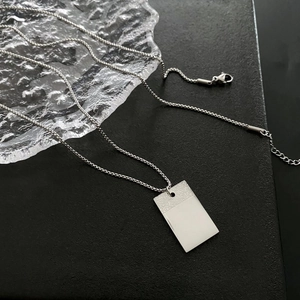 Polished titanium steel square pendant necklace with engraved clouds and silver bead chain