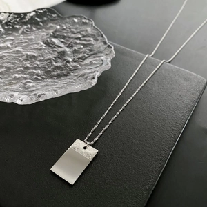 Minimalist silver steel square pendant necklace with cloud relief and mirror finish