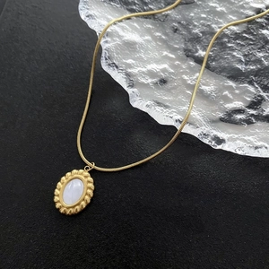 French Retro Oval Shell Pendant Necklace Earrings Stainless Steel Snake Chain Gold Color Elegant Women Jewelry