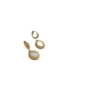Vintage golden oval drop earrings with white mother of pearl inlay and textured edges