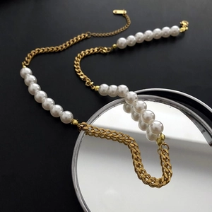 Asymmetric Splicing Necklace Stainless Steel With Imitation Artificial Pearl Gold Cuban Chain French Retro Style For Women