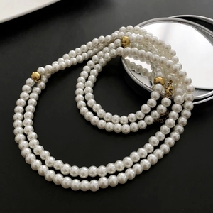 Long Faux Artificial Pearl Necklace For Women Titanium Steel Gold Bead Elegant Multilayer Sweater Chain Vintage Jewelry Accessory