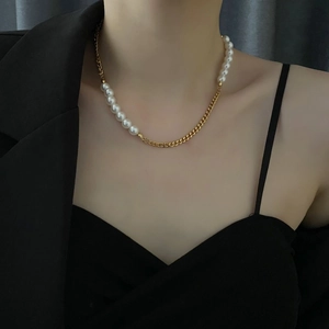 Fashion titanium steel chunky chain necklace with pearls for women in gold finish