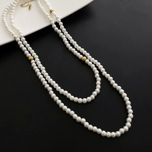 Double-layer pearl long necklace with golden spherical beads and adjustable lobster clasp