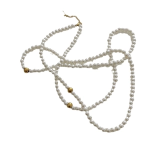 Multi-layer faux pearl long necklace with gold metallic beads and adjustable chain