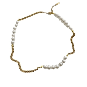 French vintage style thick link chain necklace featuring imitation pearls and gold finish