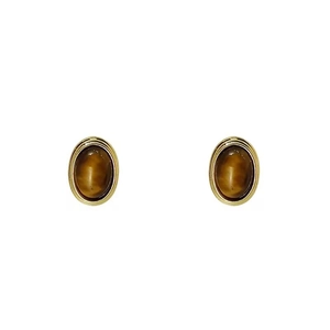 Vintage oval tiger eye stud earrings with gold textured bezel in a minimalist setup