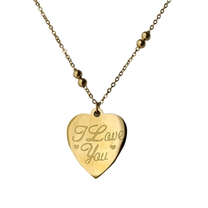Minimalist gold heart necklace in titanium steel with I Love You engraving and beads
