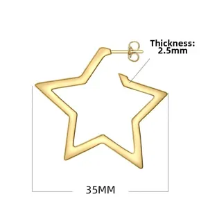 Detail shot of 35mm gold hollow star earring showing 2.5mm thickness and butterfly back