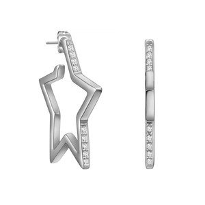 Minimalist silver star hoop earrings with zircon stones on a white background