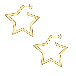 Detail of star-shaped gold-plated hoop earrings with polished finish and butterfly backs