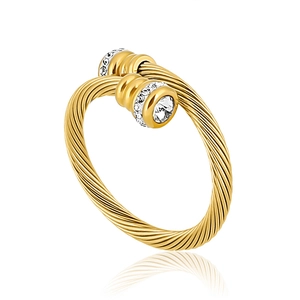 Gold-plated twisted cable ring with white crystals and large round center stone