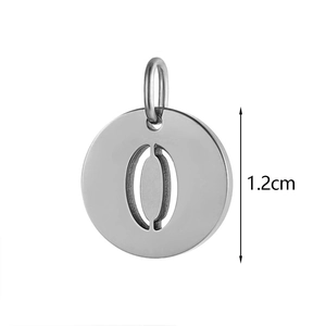 Detail showing 1.2cm circular hollow letter pendant in polished stainless steel