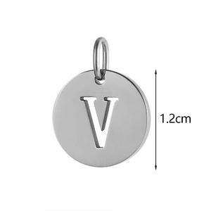 Detailed view of a silver stainless steel round letter V pendant with 1.2cm size marker