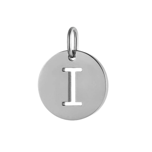 Minimalist stainless steel circular pendant with hollow letter I on white background