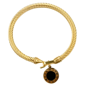 Bracelet torsadé doré avec pendentif à chiffres romains et centre en émail noir élégant