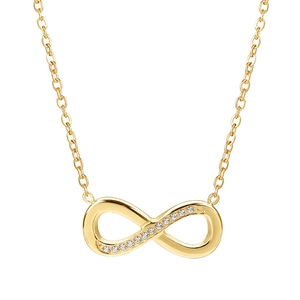 Polished 18k gold plated infinity symbol necklace with crystal pavé and thin O-chain