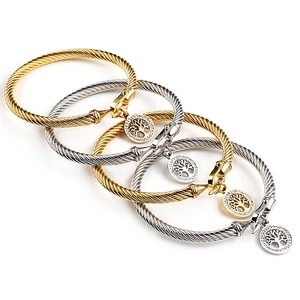 Tree Of Life Twisted Cable Bangle Stainless Steel Rhinestone Horseshoe Buckle Western Fashion Jewelry For Women