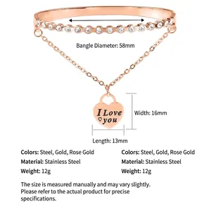Rose gold stainless steel bracelet with heart pendant and cubic zirconia details