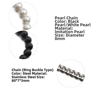Détail de perles d'imitation 8mm et chaîne en acier inoxydable de 80x7x3mm