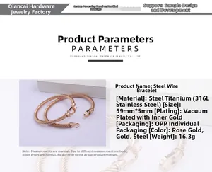 Detailed specs of cable wire bangle made of 316L stainless steel with 18k gold plating