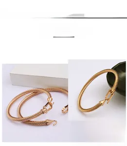 Macro shot of gold-plated twisted cable bracelet with horseshoe hook closure