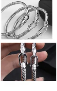 Detail of silver cable twist bangle with two horseshoe clasp designs in polished steel