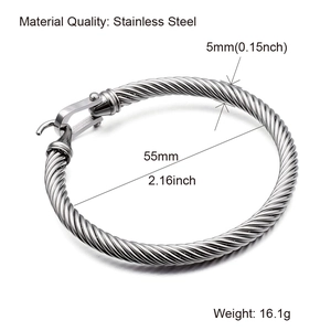 Detail view of silver cable twist bangle with shackle clasp and size specifications