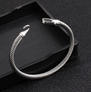 Detailed close-up of cable twist metal bangle with horseshoe clasp on display box