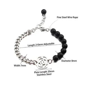 Bracelet rose en acier inoxydable avec perles d'onyx noir et chaîne gourmette pour femme