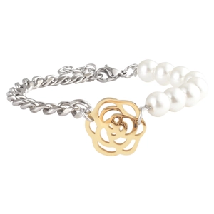 Bracelet en acier inoxydable avec pendentif rose dorée, perles blanches et fermoir mousqueton