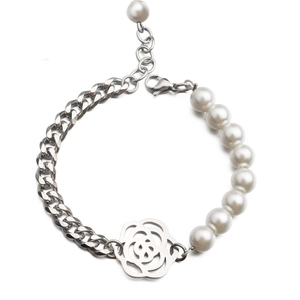Bracelet chaîne en acier inoxydable avec perles et pendentif fleur de camélia ajouré