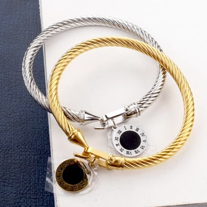 Bracelet Jonc En Acier Inoxydable Câble Torsadé Avec Pendentif Rond Chiffres Romains Fermoir Fer À Cheval Bijoux Vintage Femmes