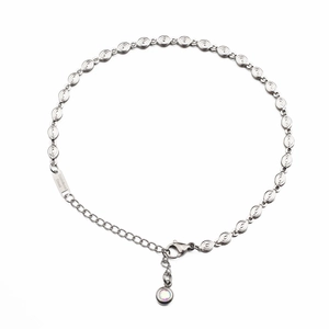 Silver stainless steel anklet with spiral textured links and iridescent crystal pendant