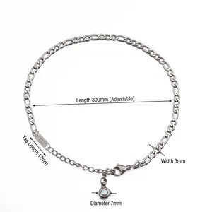 300mm Figaro chain anklet in stainless steel with crystal ring pendant on white background