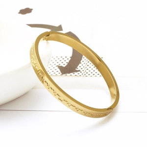 Polished gold stainless steel heart rate pulse open bangle for men and women