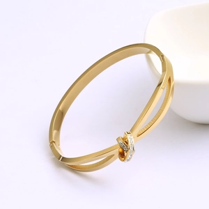 Bracelet Jonc Ouvert Croisé Acier Inoxydable 316L Strass Nœud Élégant Bijoux De Mode Pour Femmes